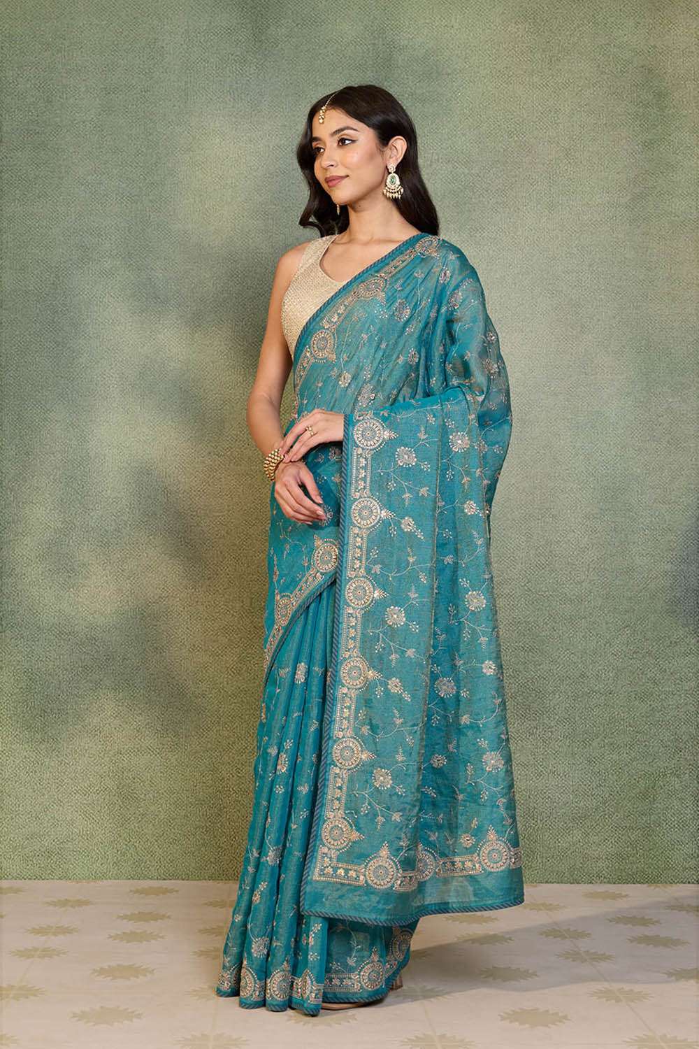 Blue Tissue Lyocell Linen Embroidered Saree image number null