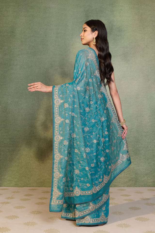 Blue Tissue Lyocell Linen Embroidered Saree thumbnail image number null