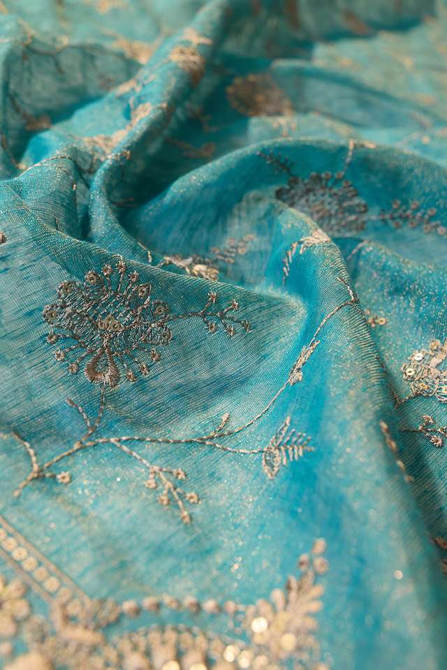 Blue Tissue Lyocell Linen Embroidered Saree thumbnail image number null