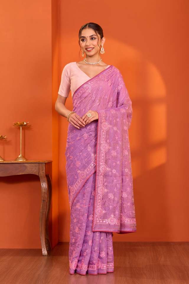 Light Violet  Tissue Lyocell Linen Embroidered Saree image number