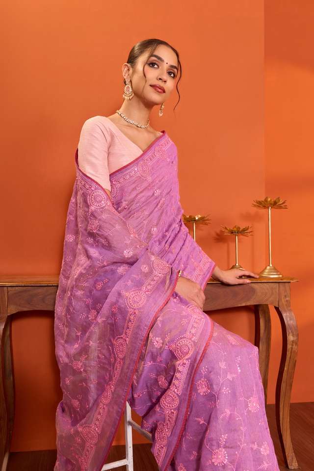 Light Violet  Tissue Lyocell Linen Embroidered Saree thumbnail image number null