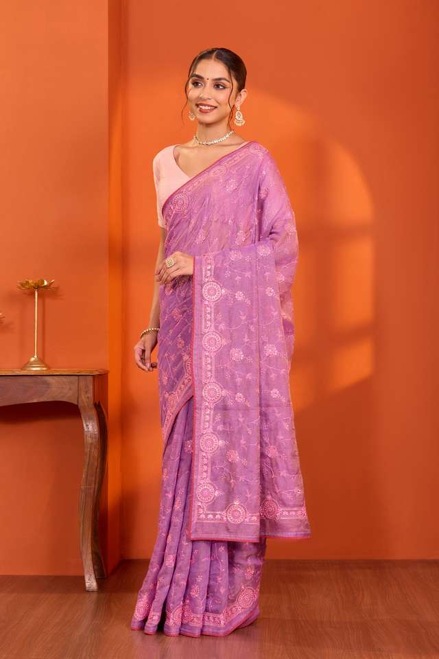 Light Violet  Tissue Lyocell Linen Embroidered Saree thumbnail image number null