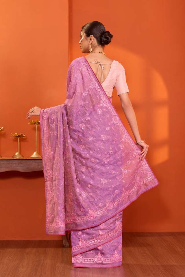 Light Violet  Tissue Lyocell Linen Embroidered Saree thumbnail image number null
