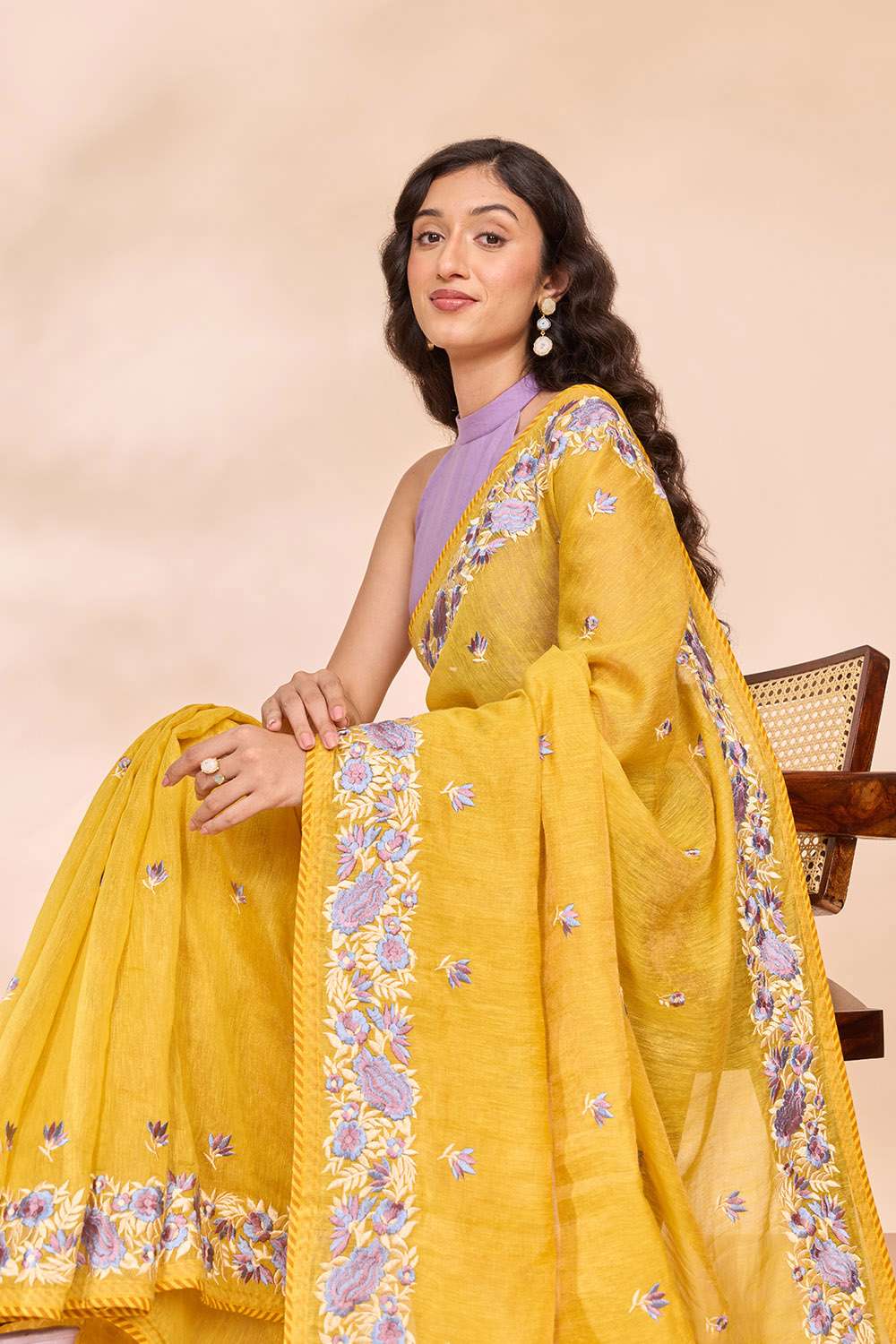 Yellow Tissue Lyocell Linen Embroidered Saree image number null