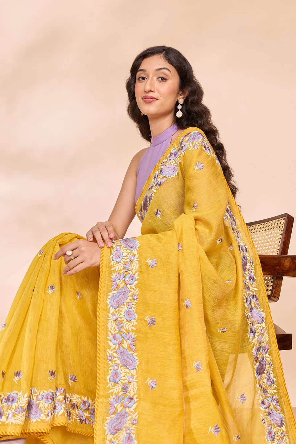 Yellow Tissue Lyocell Linen Embroidered Saree