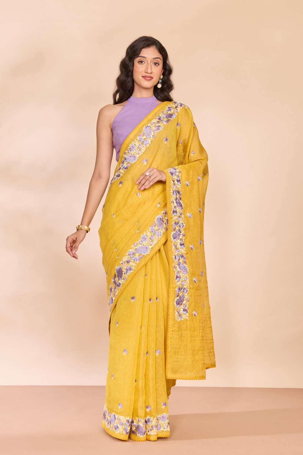 Yellow Tissue Lyocell Linen Embroidered Saree image number null