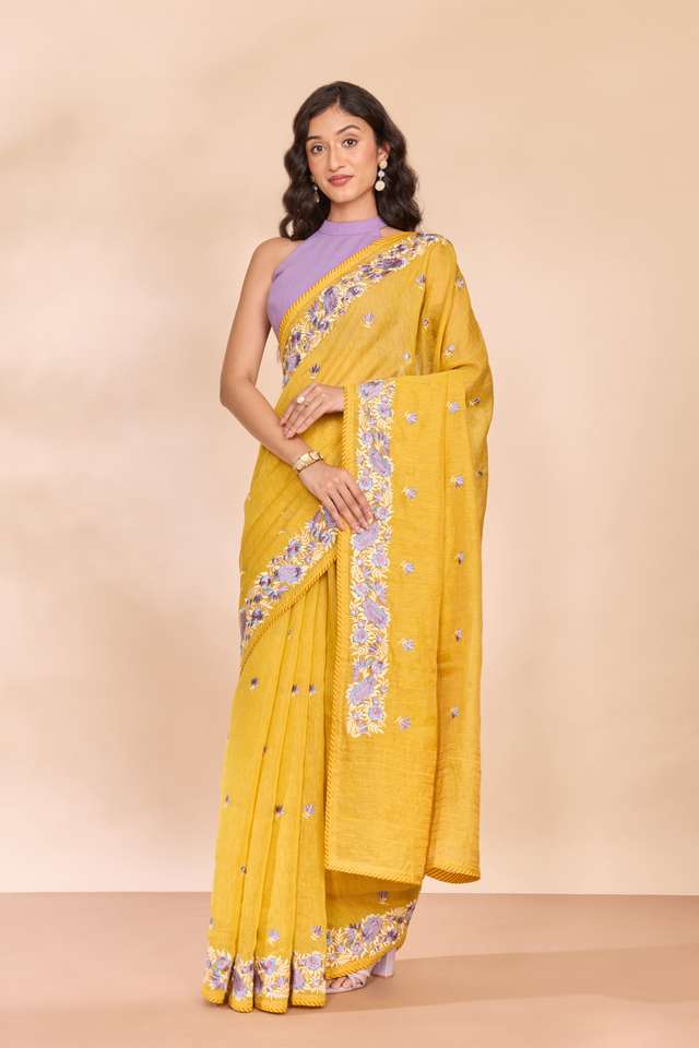 Yellow Tissue Lyocell Linen Embroidered Saree thumbnail image number null