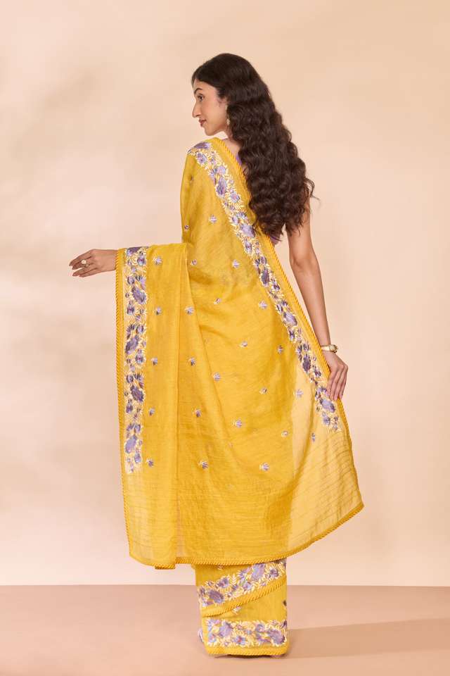 Yellow Tissue Lyocell Linen Embroidered Saree thumbnail image number null
