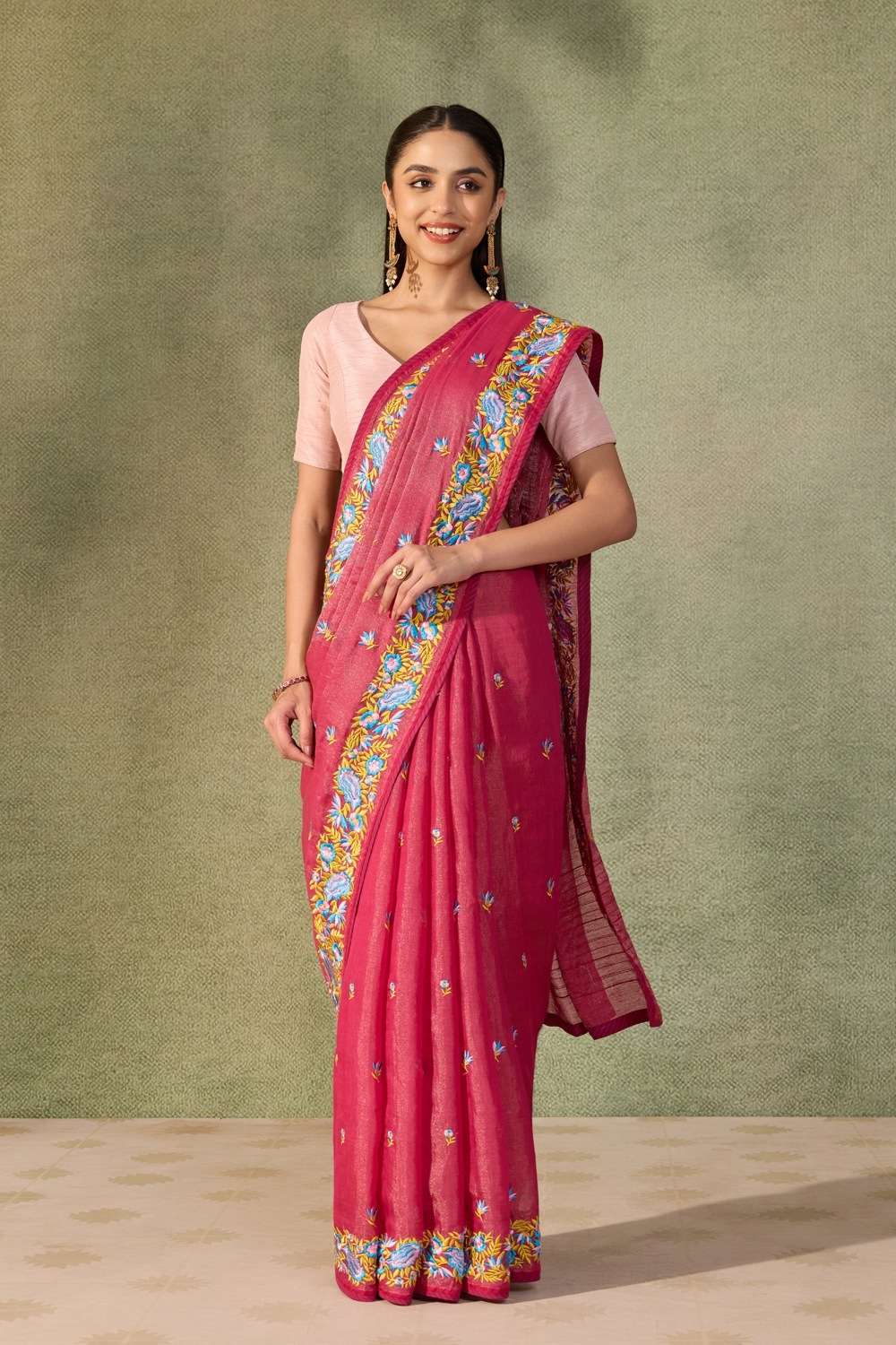 Dark Pink  Tissue Lyocell Linen Embroidered Saree image number null