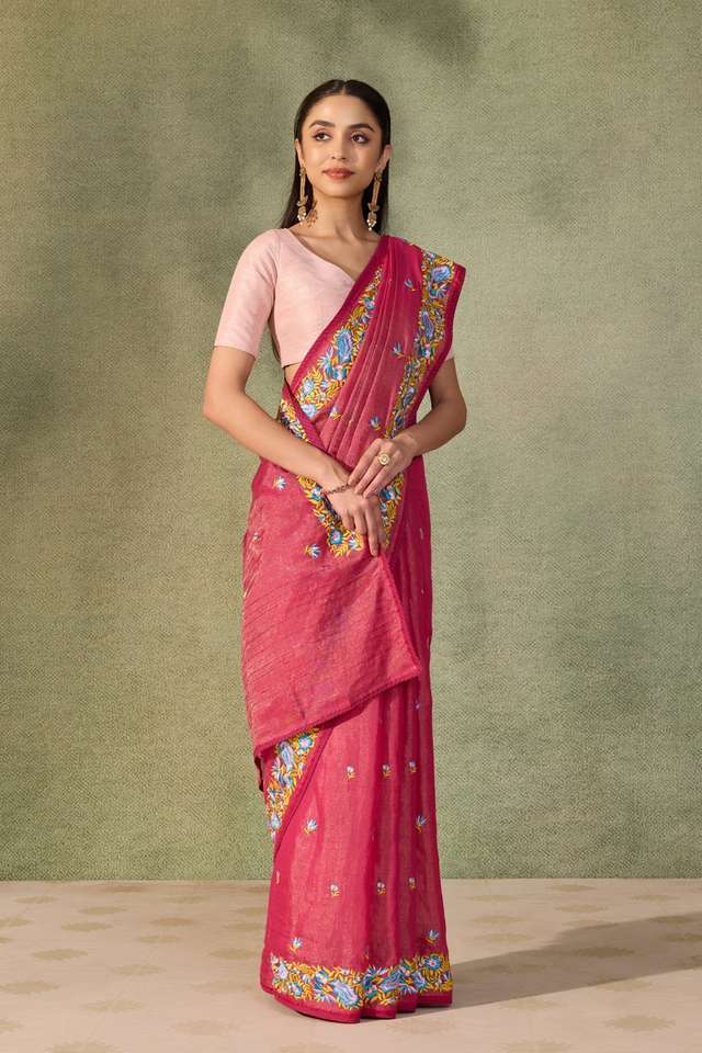Dark Pink  Tissue Lyocell Linen Embroidered Saree thumbnail image number null