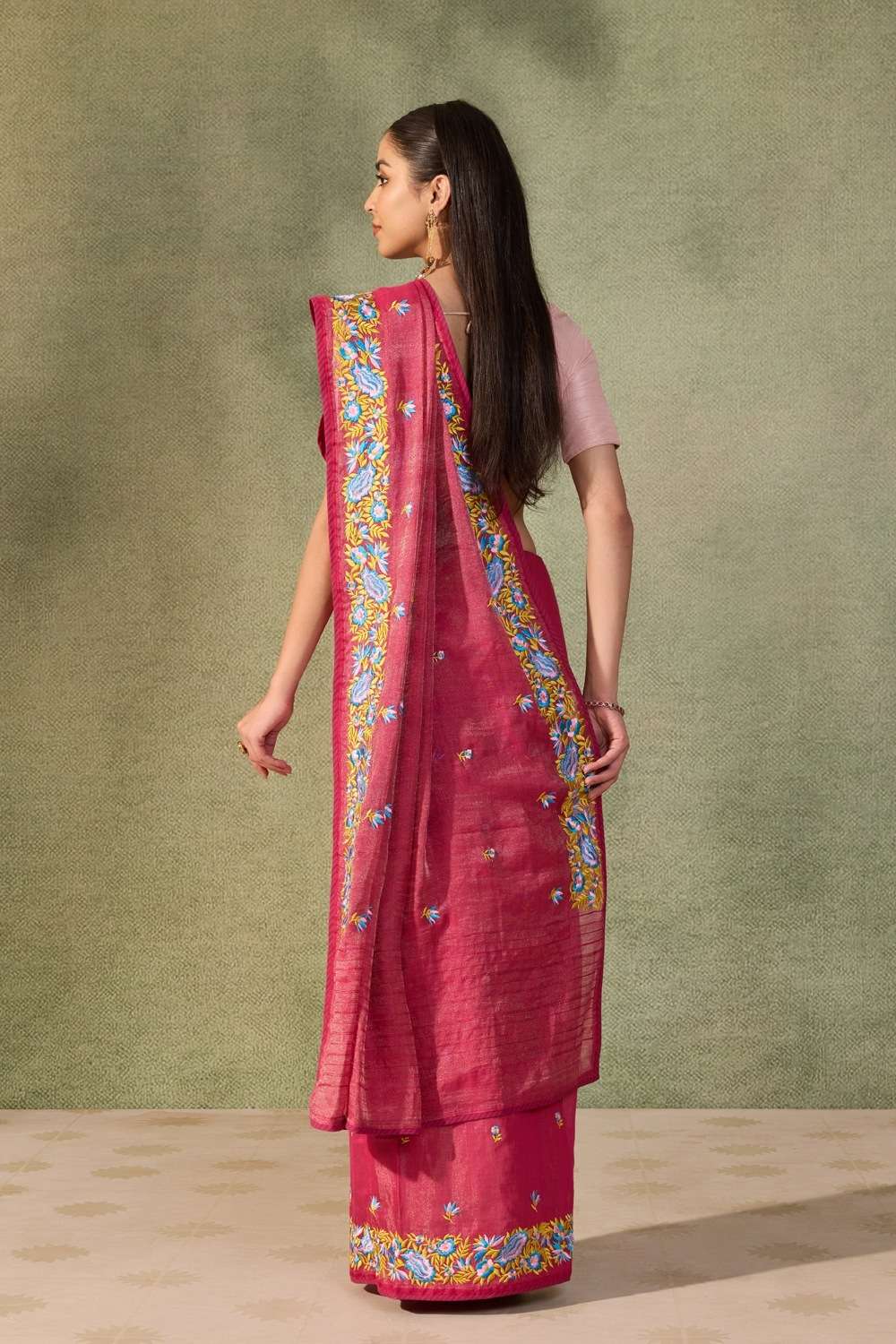 Dark Pink  Tissue Lyocell Linen Embroidered Saree image number null