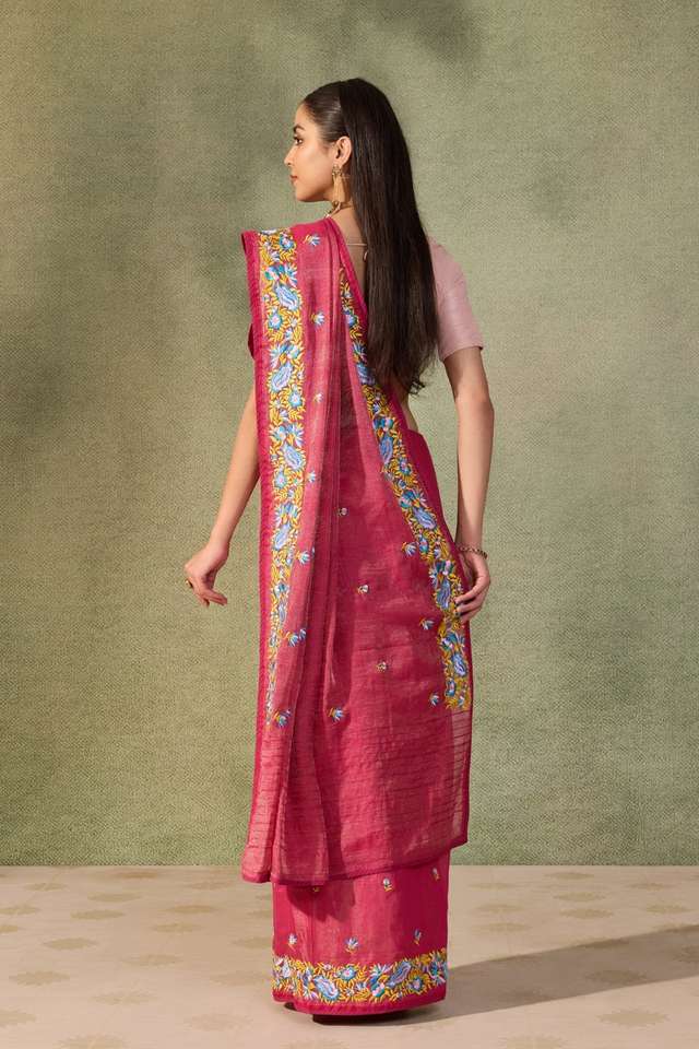 Dark Pink  Tissue Lyocell Linen Embroidered Saree thumbnail image number null
