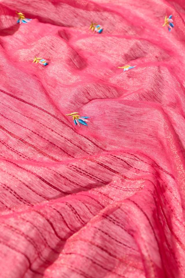 Dark Pink  Tissue Lyocell Linen Embroidered Saree thumbnail image number null
