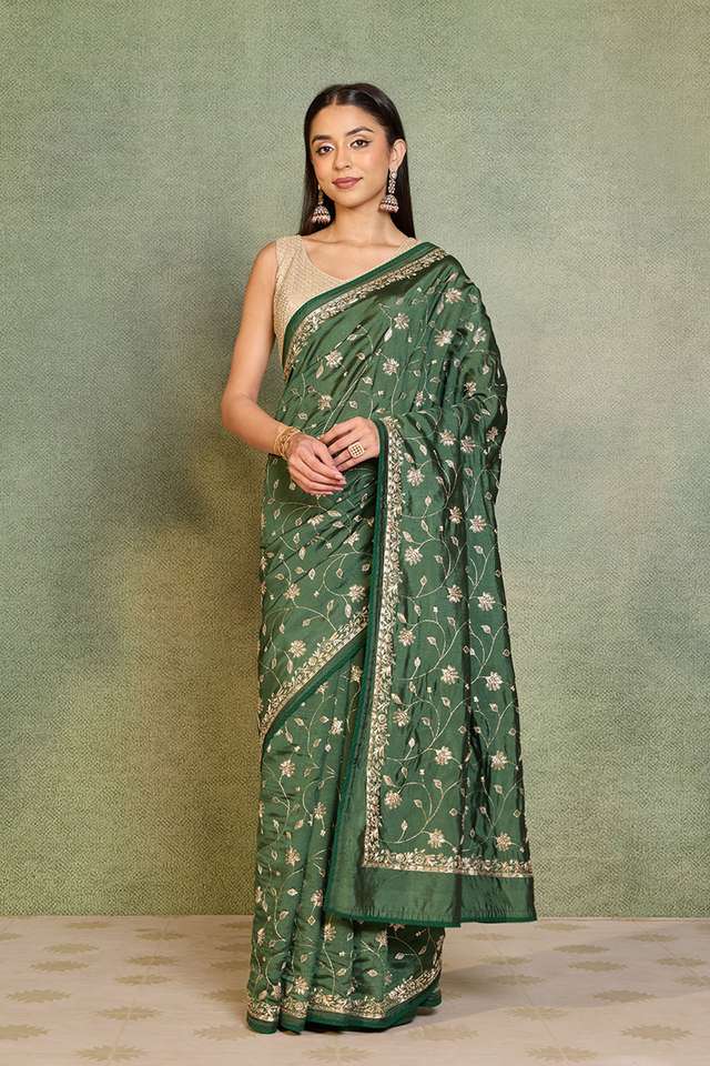 Dark Green Embroidered Silk Viscose Saree image number