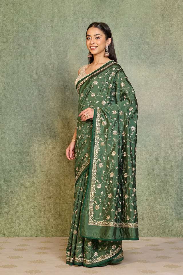 Dark Green Embroidered Silk Viscose Saree thumbnail image number null