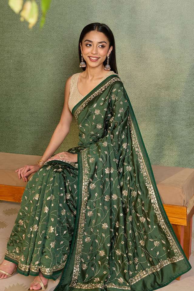 Dark Green Embroidered Silk Viscose Saree thumbnail image number null