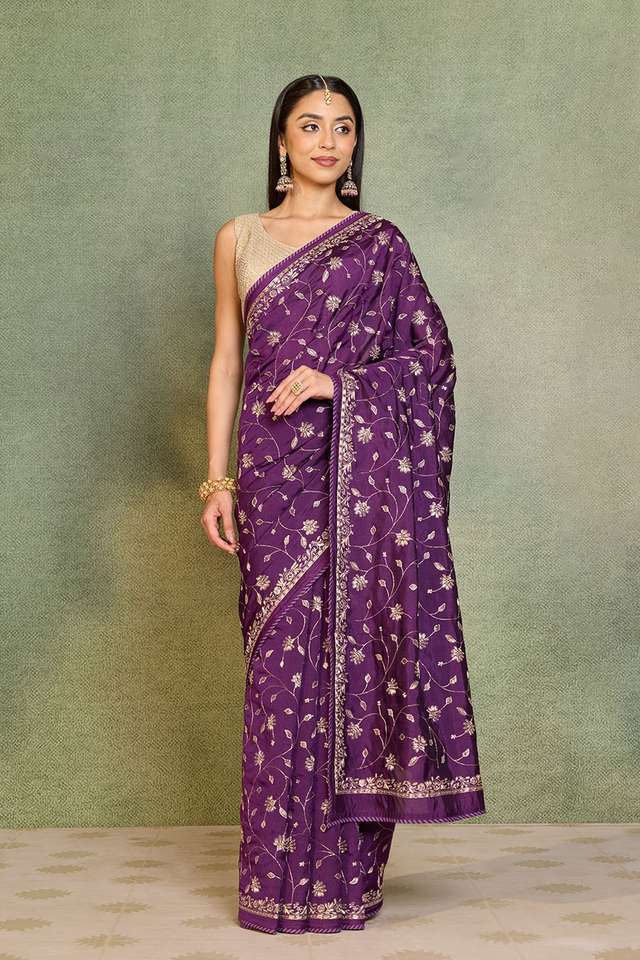 Dark Violet Embroidered Silk Viscose Saree image number
