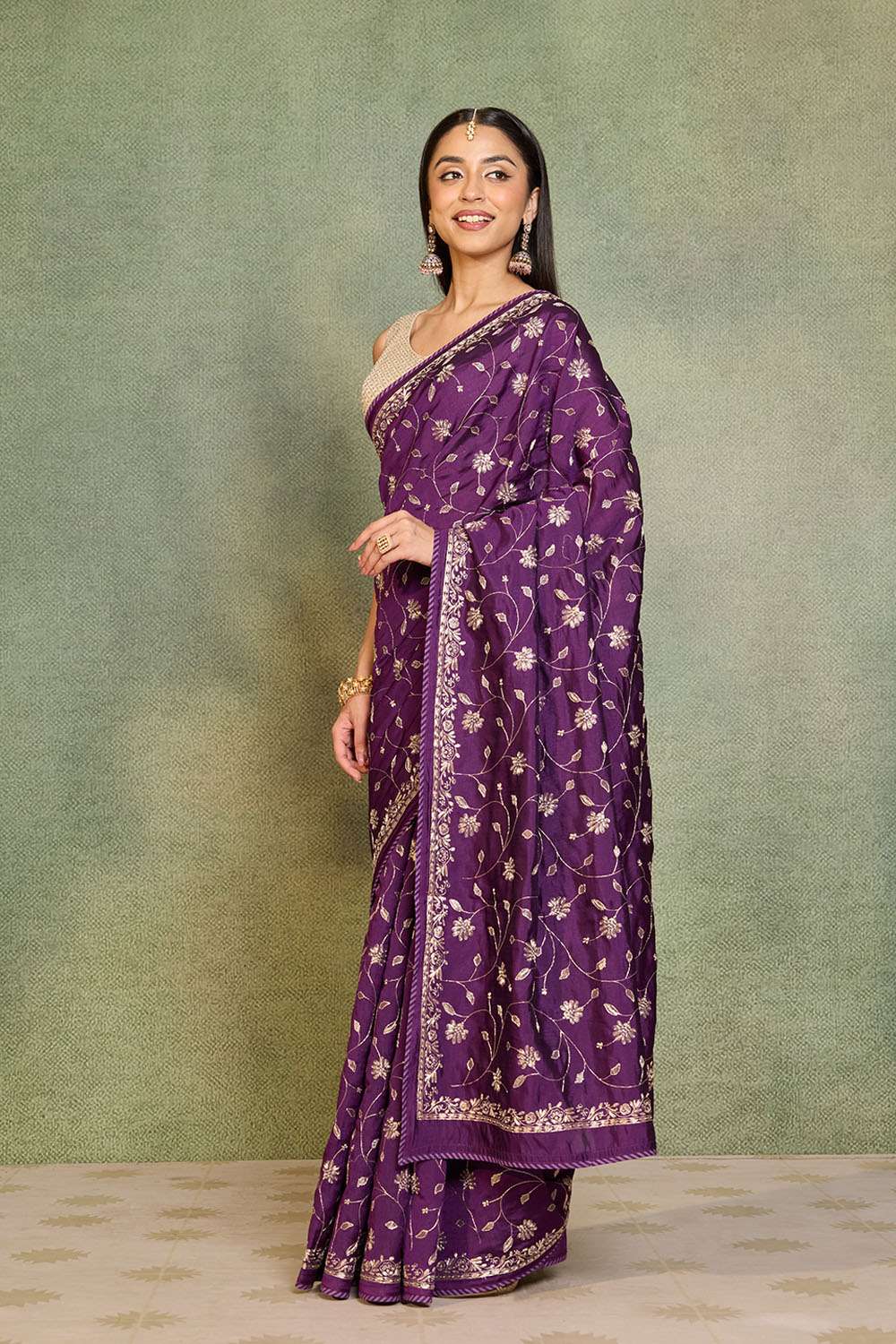 Dark Violet Embroidered Silk Viscose Saree image number null