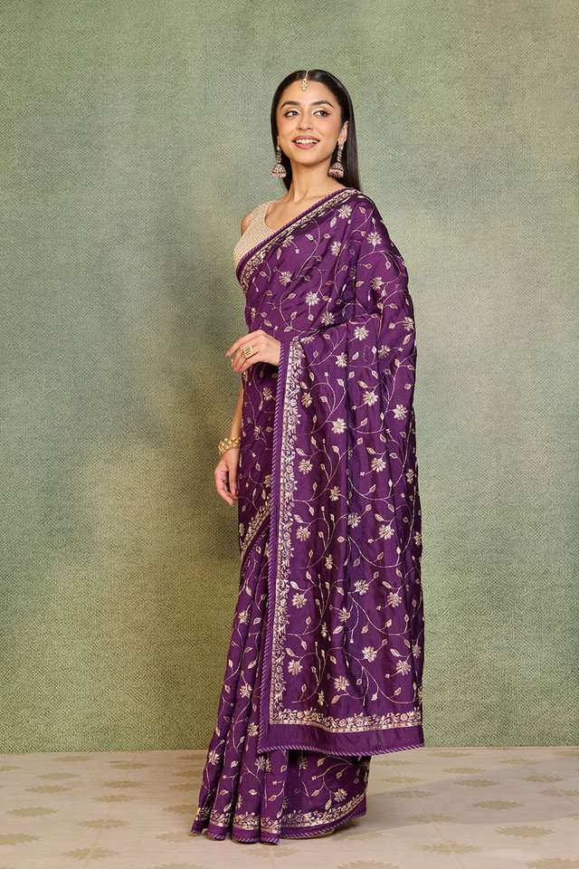Dark Violet Embroidered Silk Viscose Saree thumbnail image number null