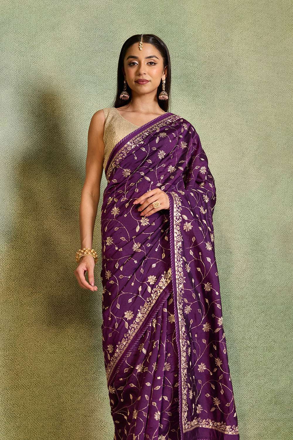 Dark Violet Embroidered Silk Viscose Saree image number null
