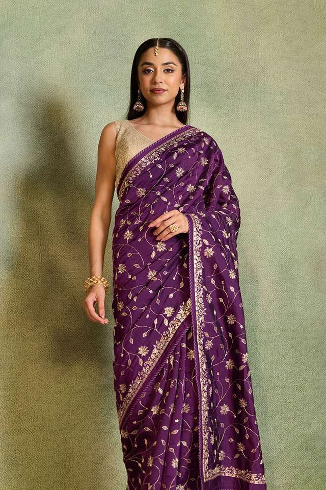 Dark Violet Embroidered Silk Viscose Saree thumbnail image number null