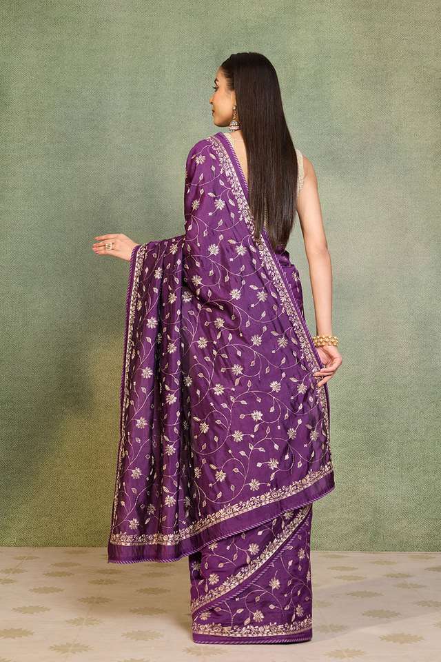Dark Violet Embroidered Silk Viscose Saree thumbnail image number null