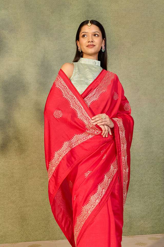 Red Embroidered Silk Viscose Saree thumbnail image number null