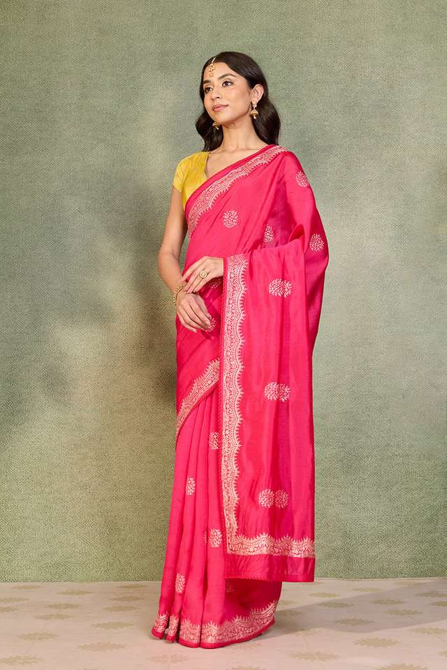 Pink Embroidered Silk Viscose Saree thumbnail image number null