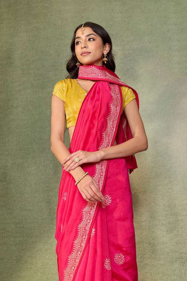 Pink Embroidered Silk Viscose Saree thumbnail image number null