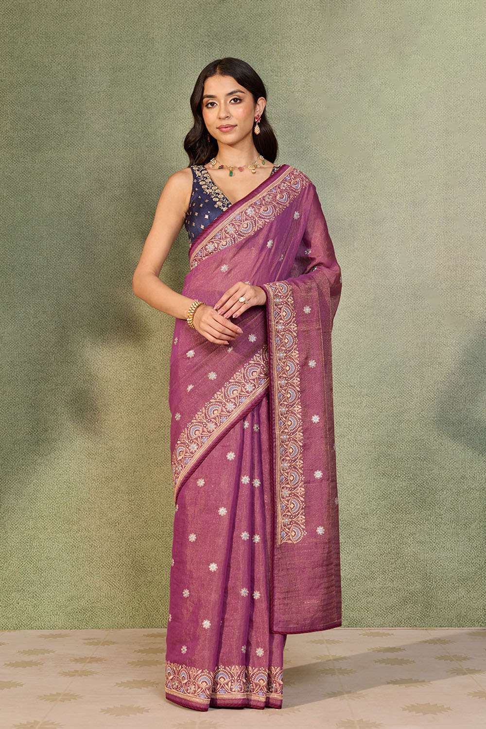 Purple Tissue Lyocell Linen Embroidered Saree image number null