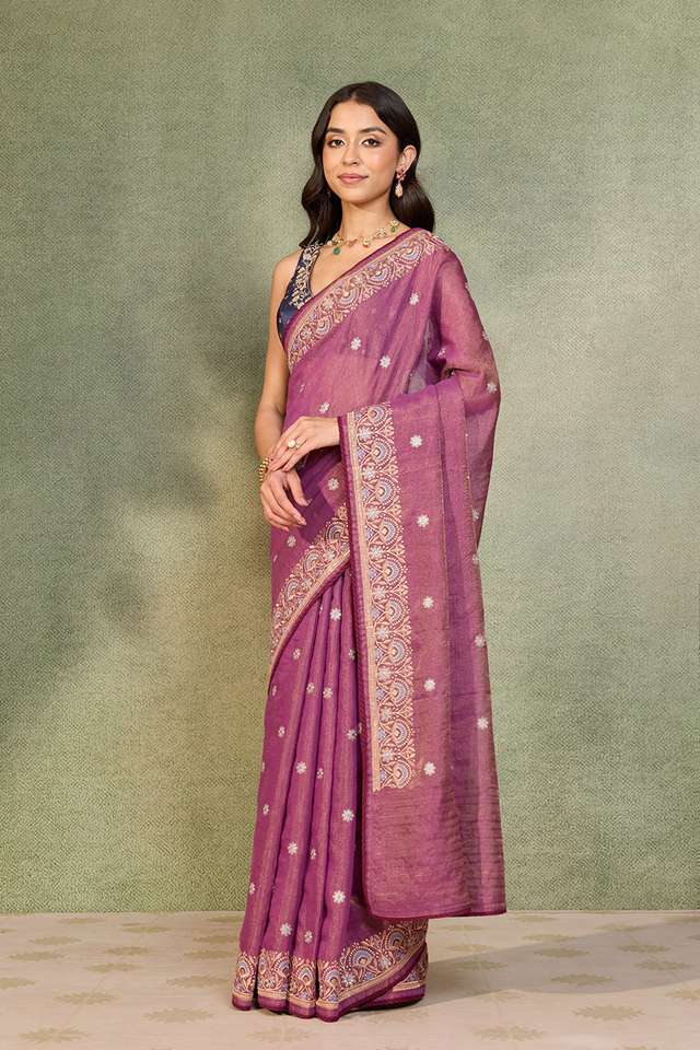 Purple Tissue Lyocell Linen Embroidered Saree thumbnail image number null