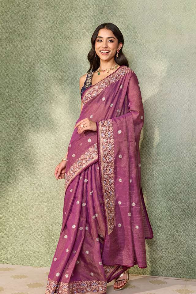 Purple Tissue Lyocell Linen Embroidered Saree thumbnail image number null