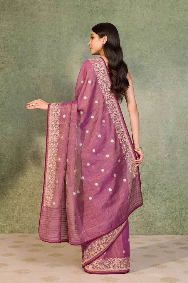 Purple Tissue Lyocell Linen Embroidered Saree thumbnail image number null
