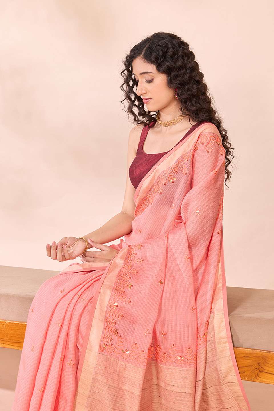 Light Orange Silk Viscose Embroidered Saree