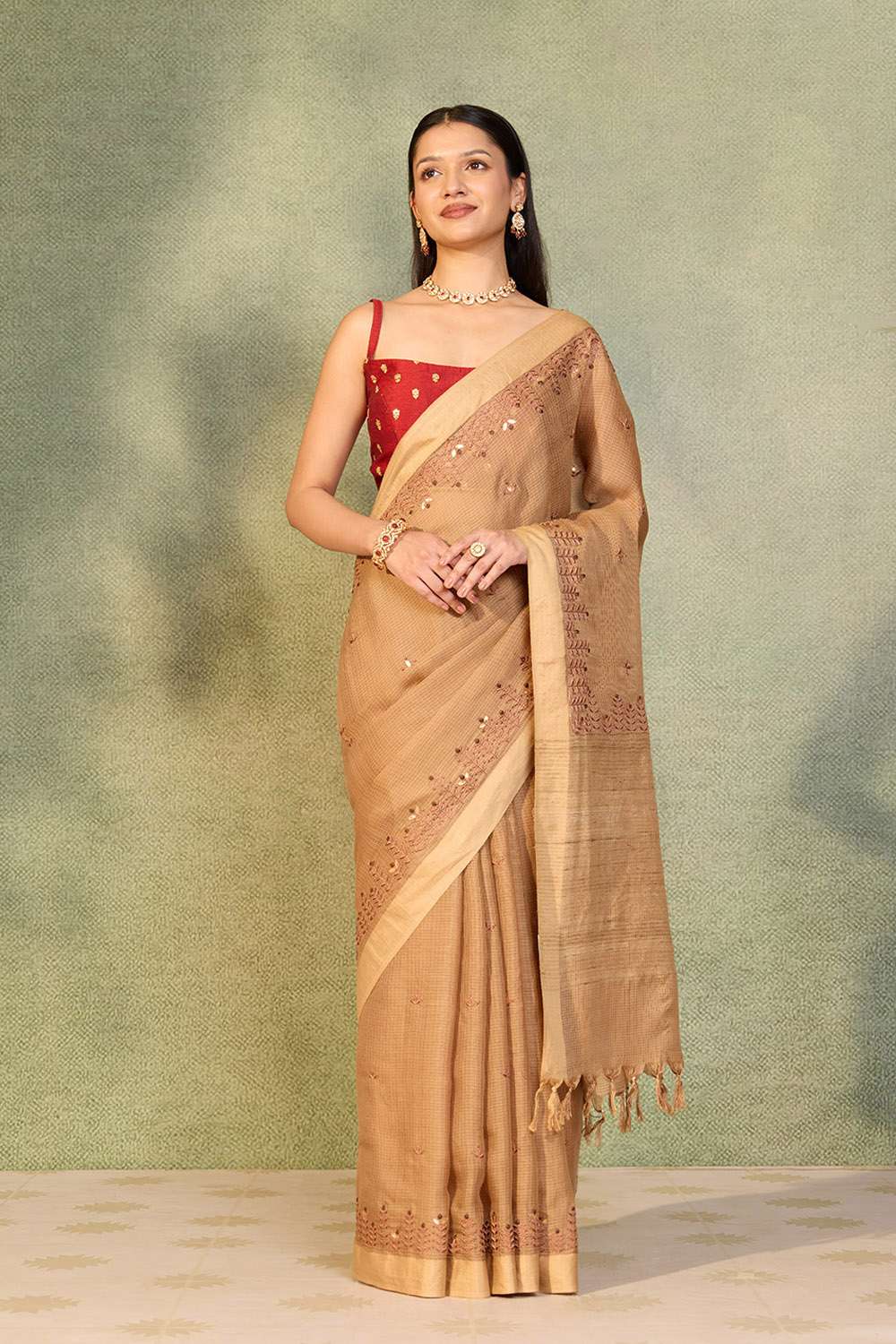 Brown Embroidered Silk Viscose Saree image number null