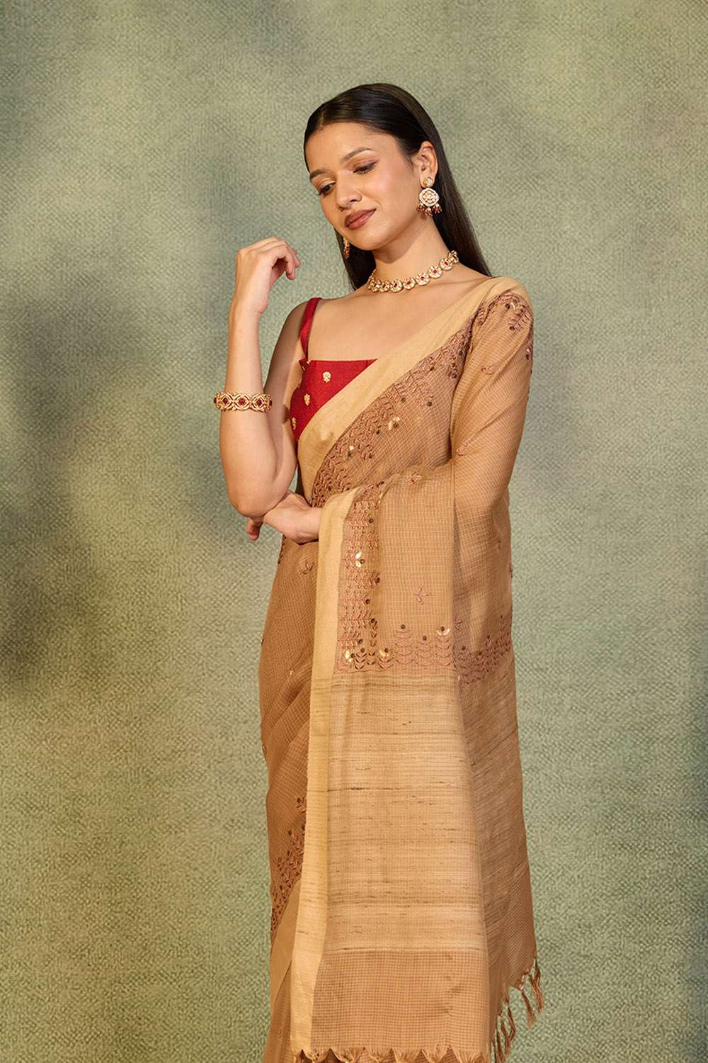 Brown Embroidered Silk Viscose Saree image number null