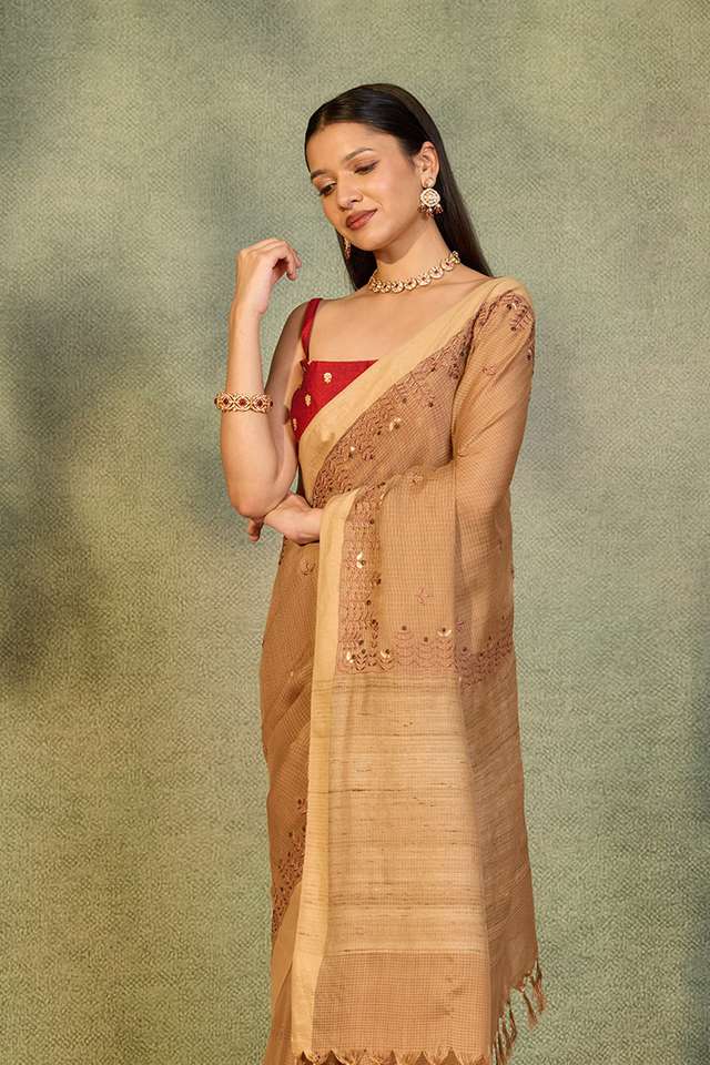 Brown Embroidered Silk Viscose Saree thumbnail image number null