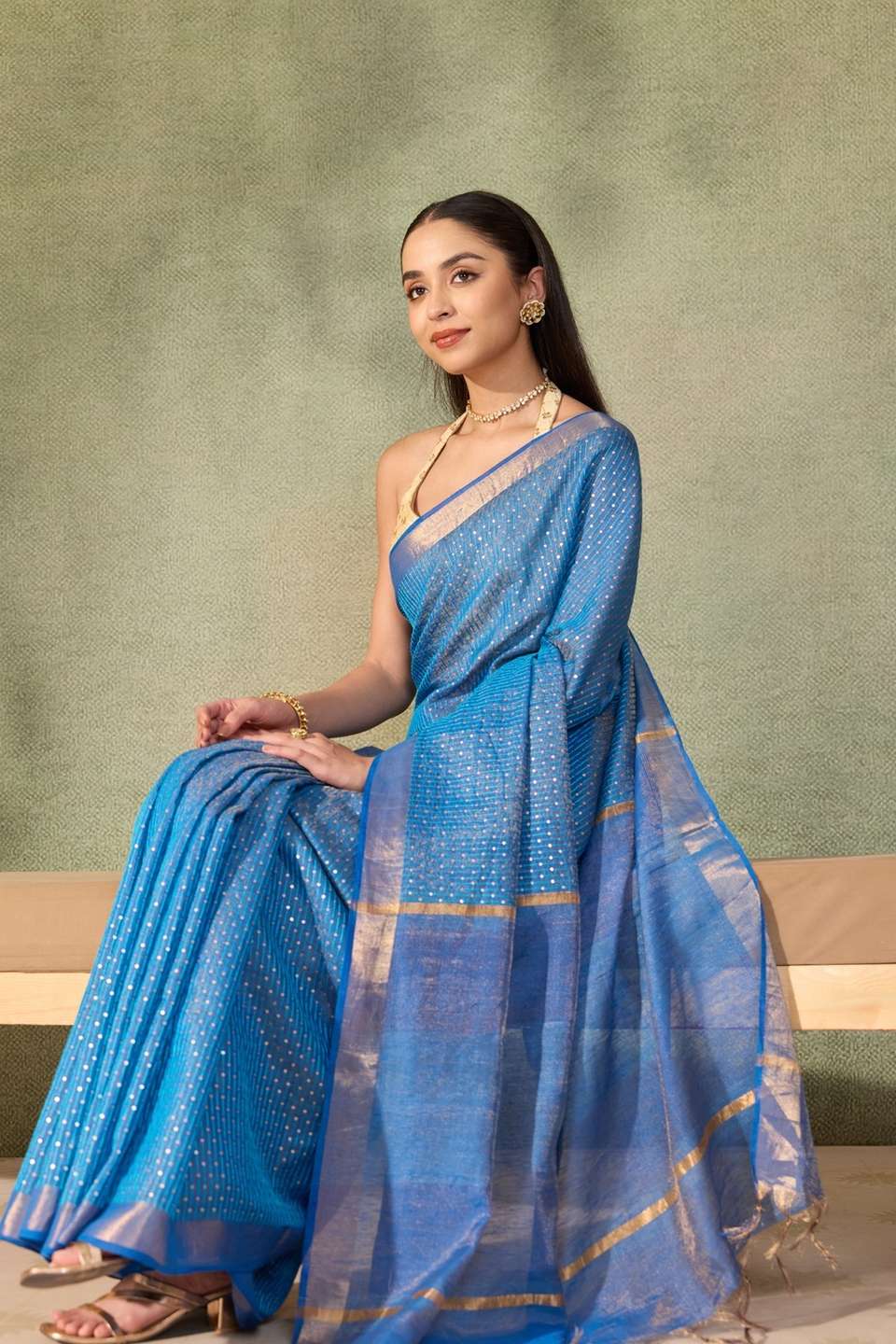 Blue  Sequin Tissue Lyocell Linen Saree