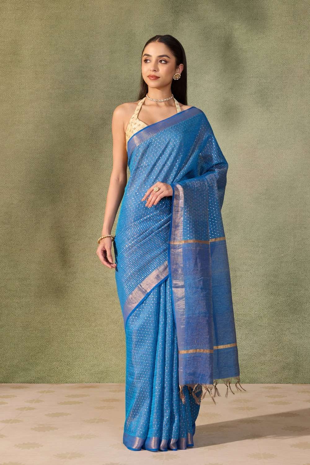 Blue  Sequin Tissue Lyocell Linen Saree image number null