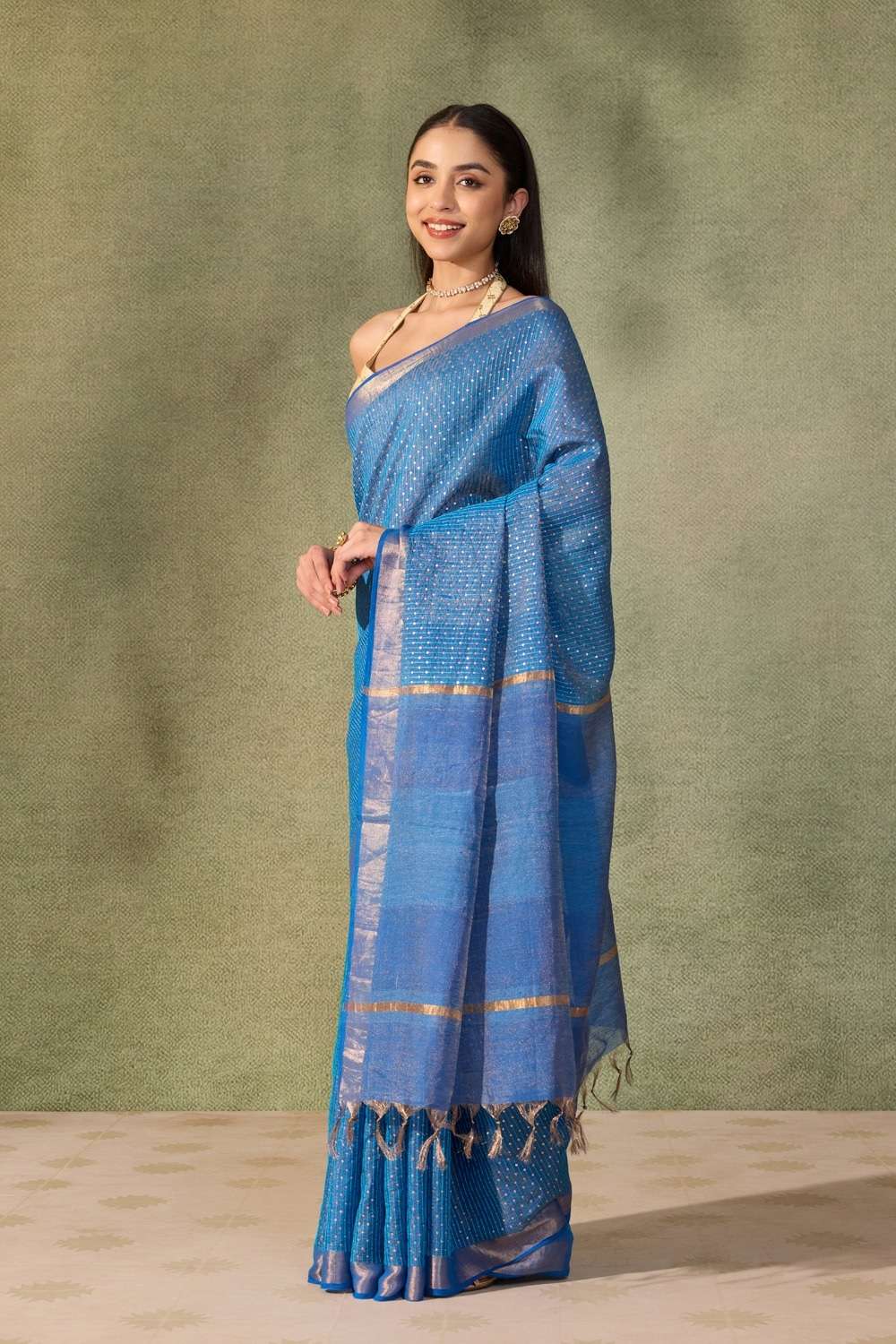 Blue  Sequin Tissue Lyocell Linen Saree image number null