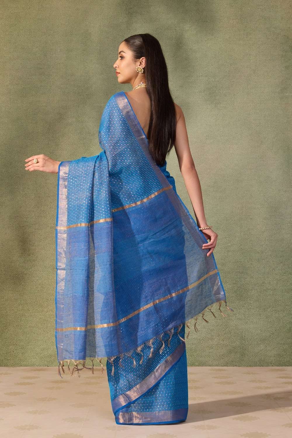 Blue  Sequin Tissue Lyocell Linen Saree image number null