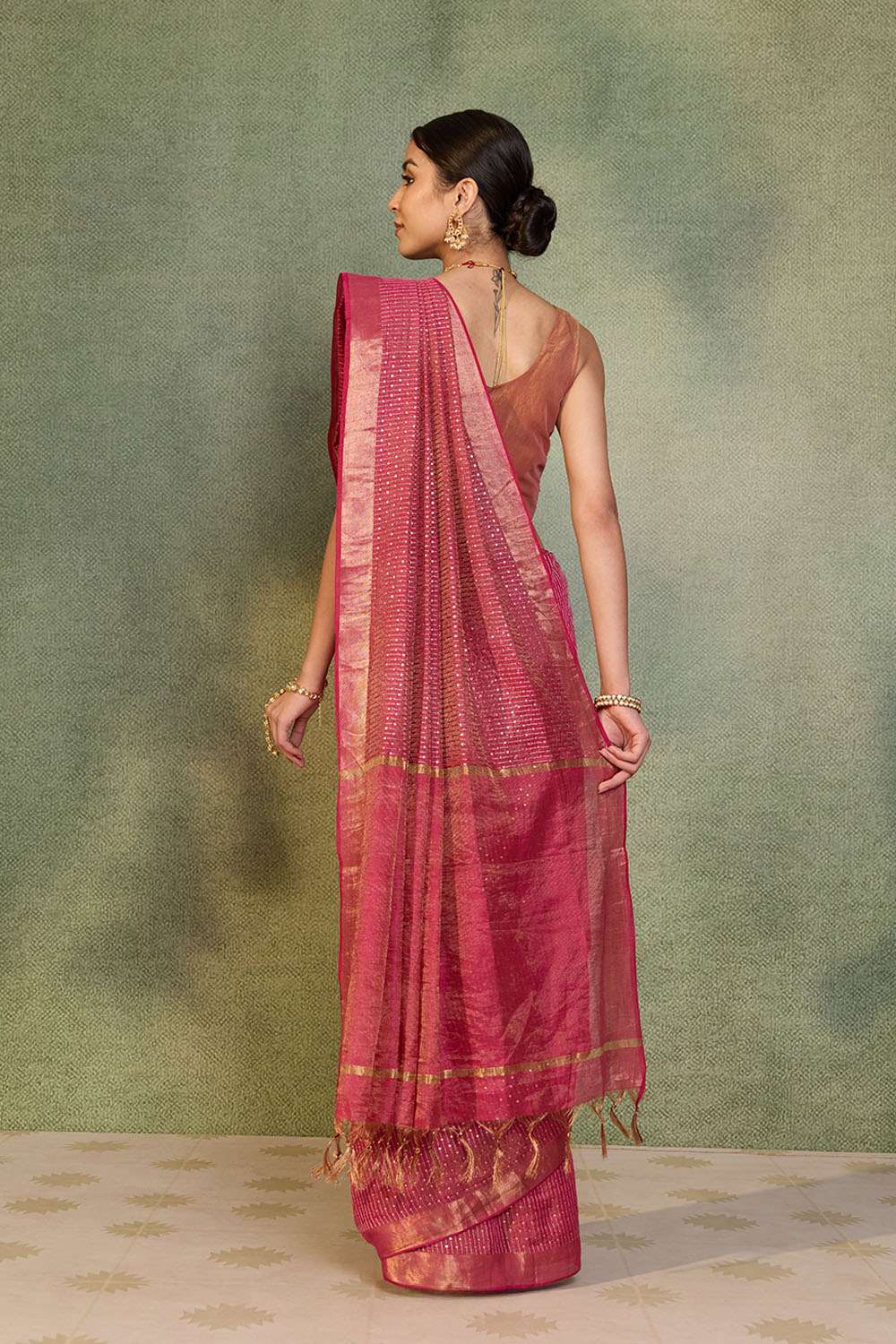 Dark Pink Tissue Lyocell Linen Embroidered Saree image number null