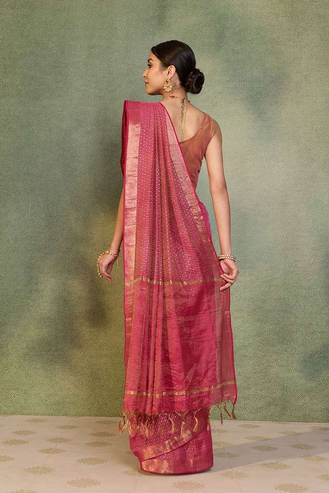 Dark Pink Tissue Lyocell Linen Embroidered Saree thumbnail image number null