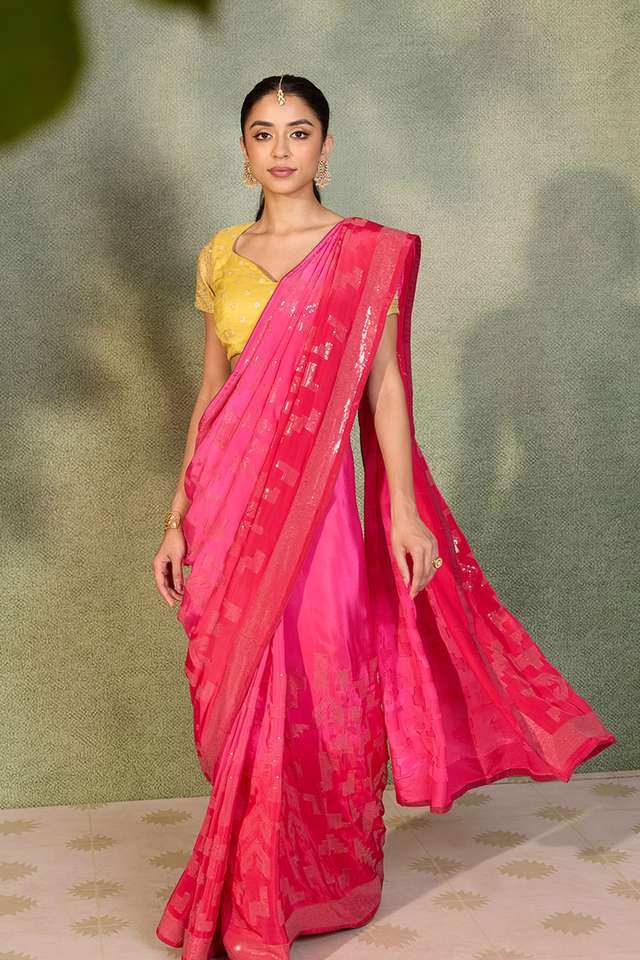 Dark Pink Embroidered Viscose Crepe Saree thumbnail image number null