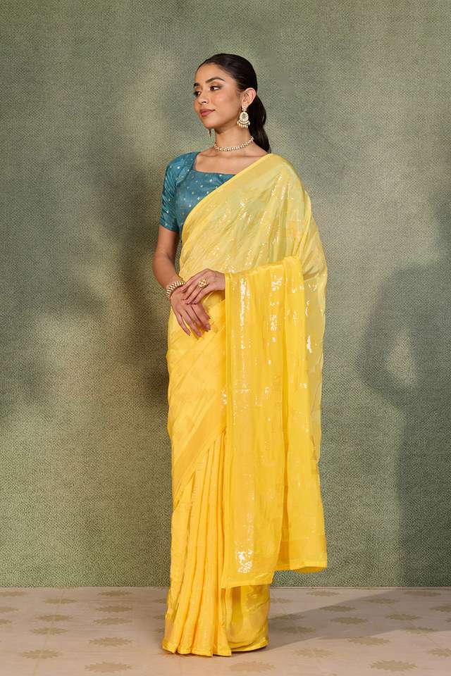 Yellow Embroidered Viscose Crepe Saree thumbnail image number null