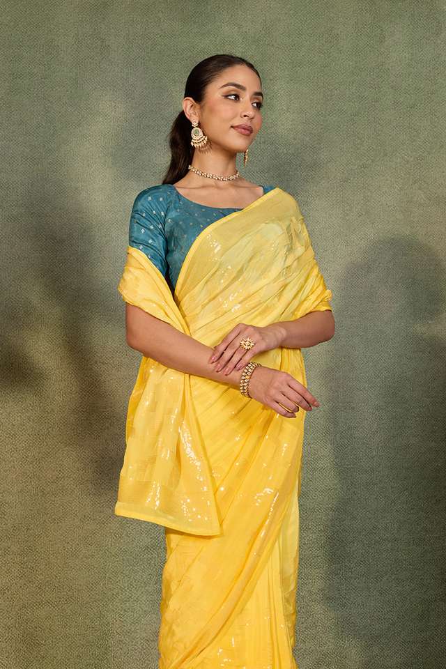 Yellow Embroidered Viscose Crepe Saree thumbnail image number null