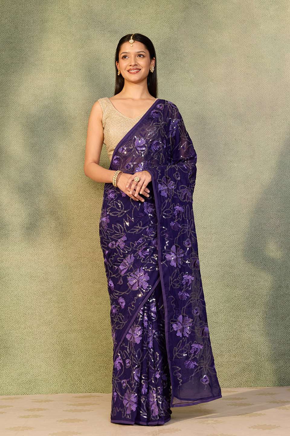 Dark Violet Viscose Georgette Embroidered Saree