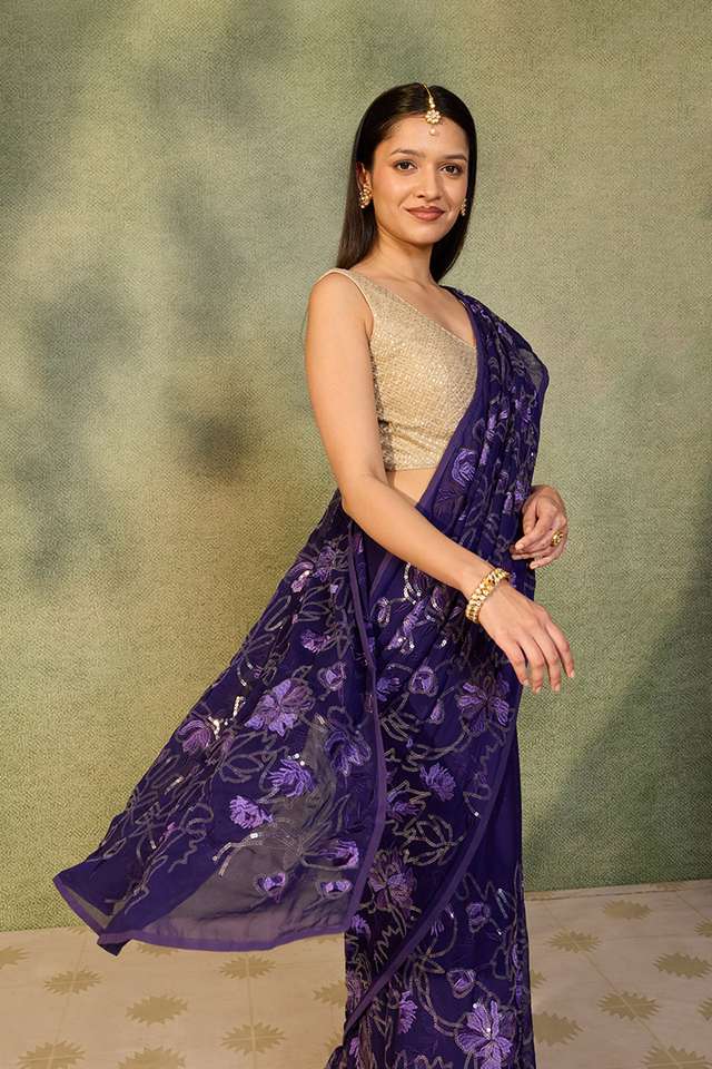 Dark Violet Viscose Georgette Embroidered Saree thumbnail image number null
