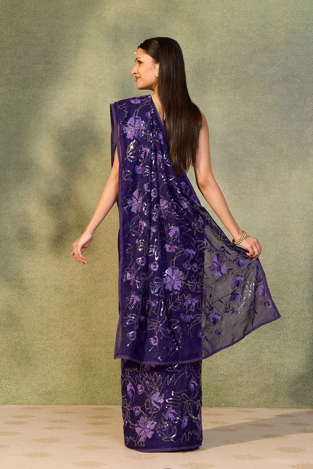 Dark Violet Viscose Georgette Embroidered Saree thumbnail image number null