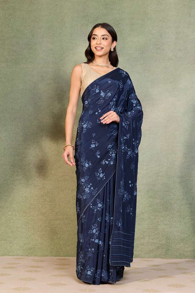 Dark Blue Viscose Crepe Embroidered Saree image number